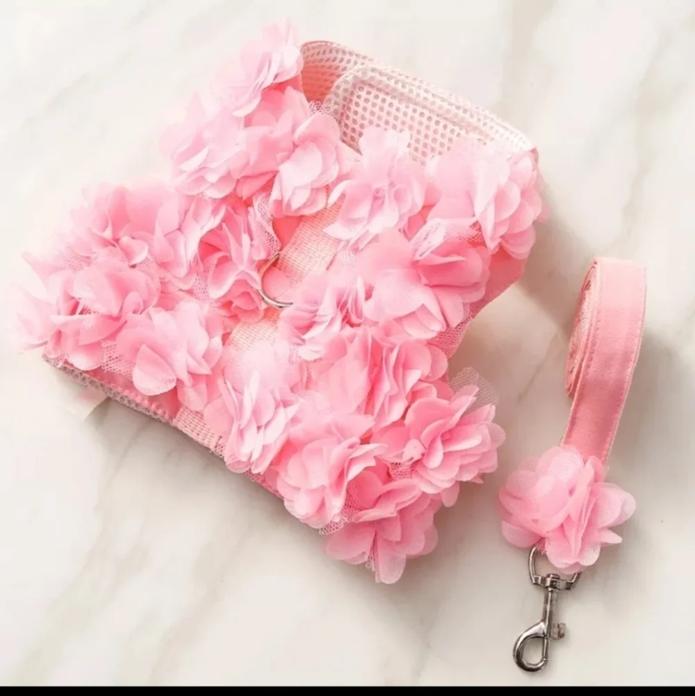 Pink ruffle dog harness and leash
